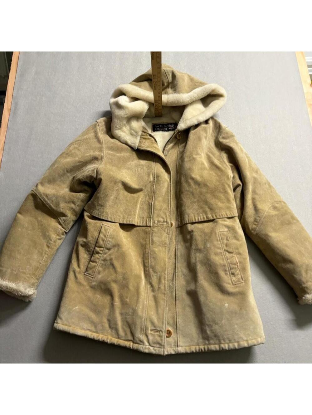 Wilsons Leather Suede Hooded Jacket Womens Medium Tan Faux Fur Lined Coat